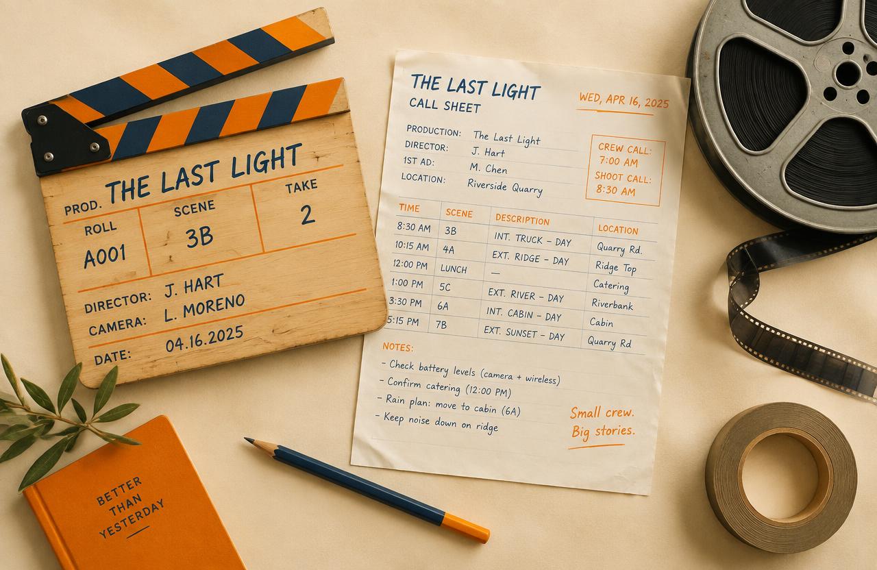 Claqueta, hoja de llamado y rollo de película sobre papel crema