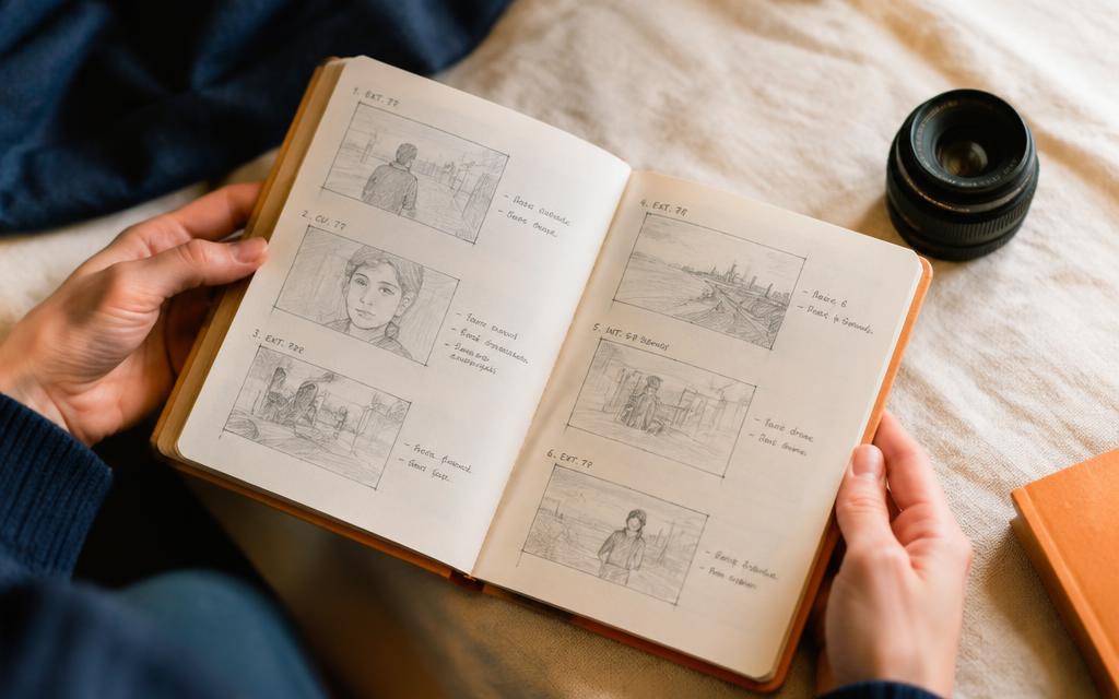 Cuaderno de storyboard con dibujos a lápiz